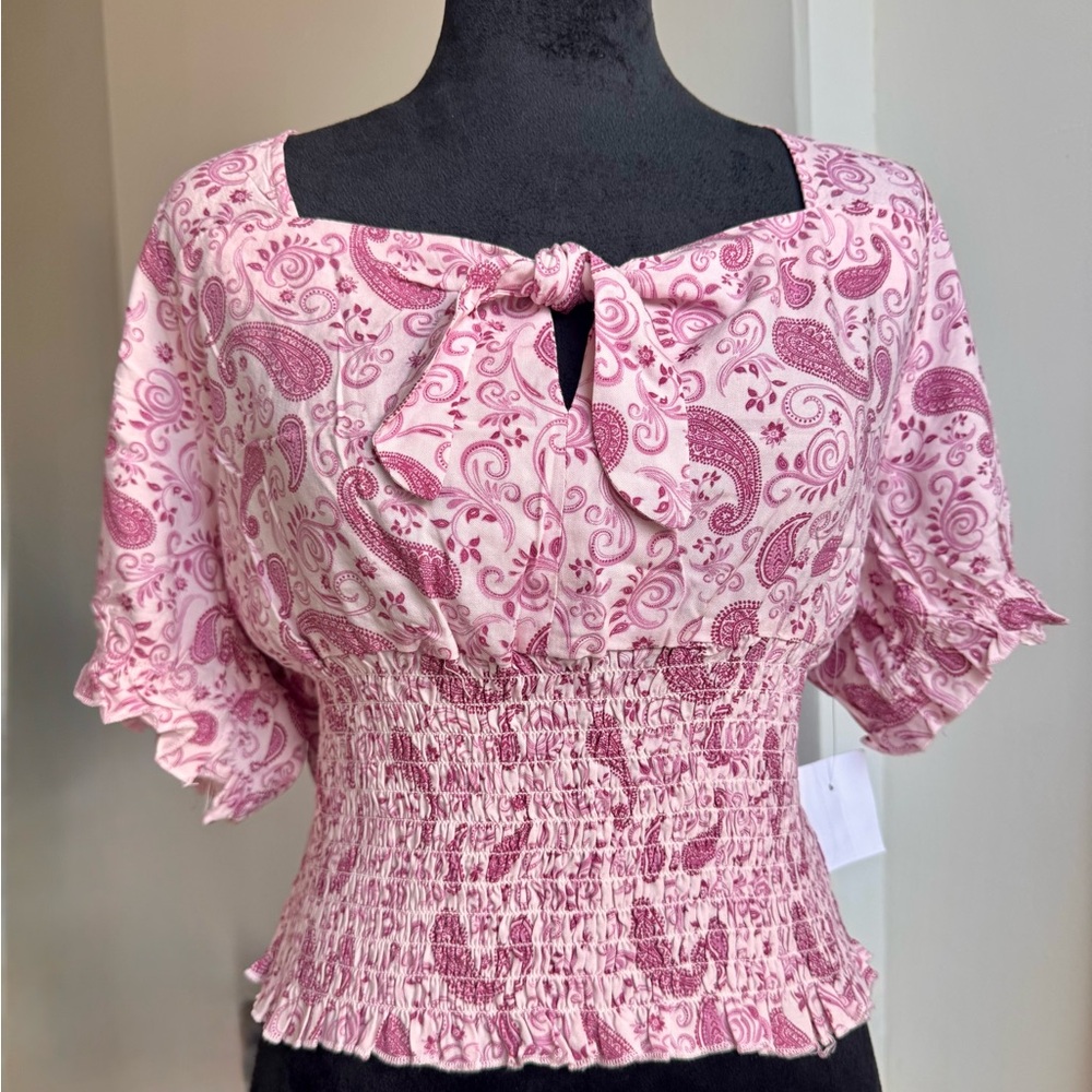 Stella Tweed Pink Paisley Smocked Blouse